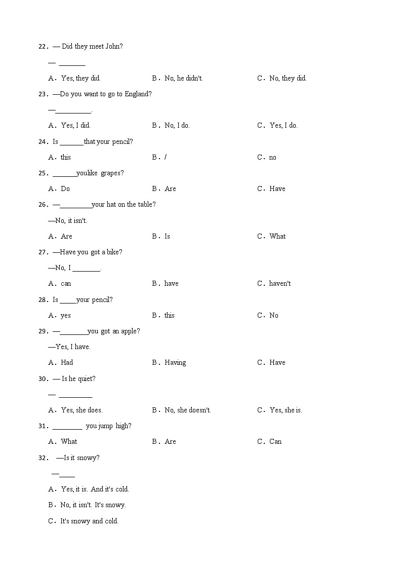 小学英语专项练习：一般疑问句附答案第3页
