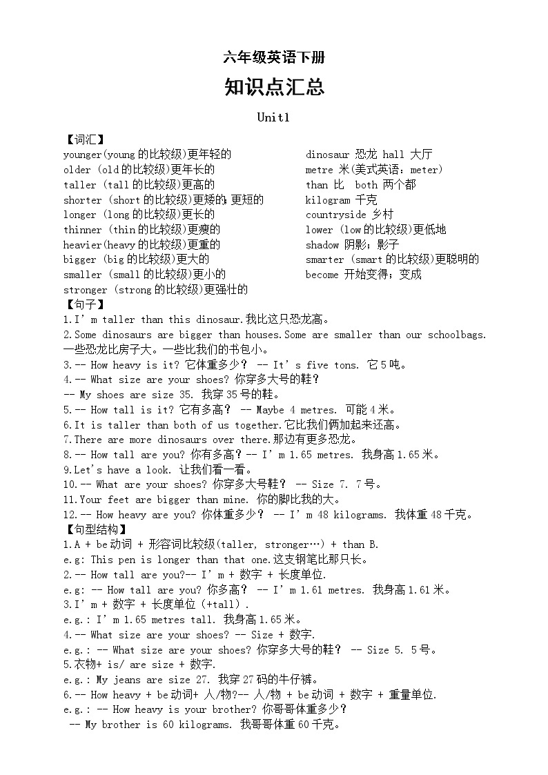 小学英语人教版PEP六年级下册全册知识点汇总（分单元编排）01