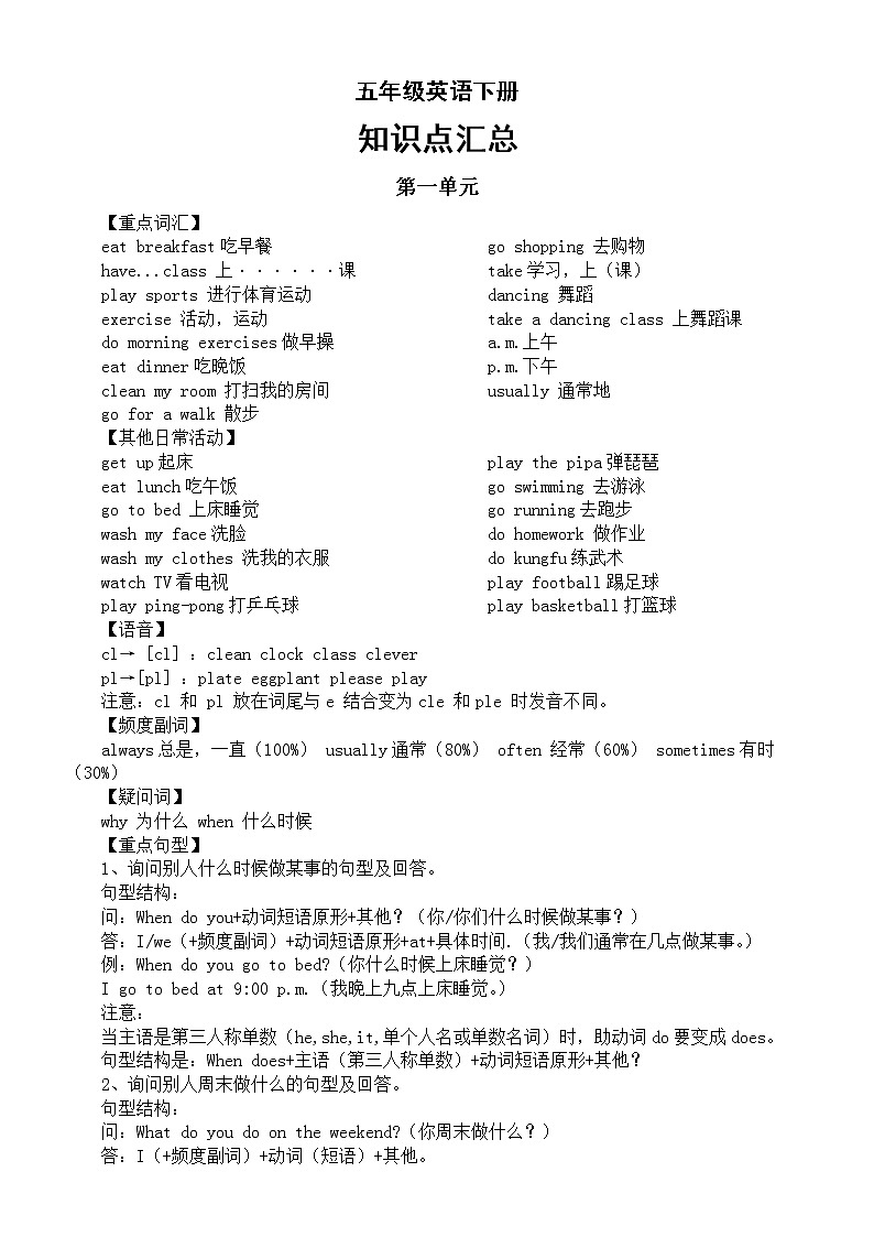 小学英语人教版PEP五年级下册全册知识点汇总（分单元编排）第1页
