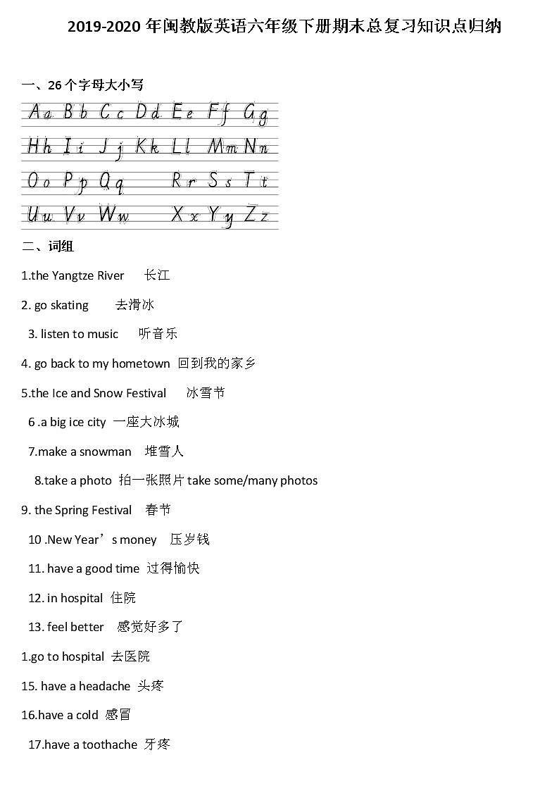 2022-2023年闽教版英语六年级下册期末总复习知识点总归纳01