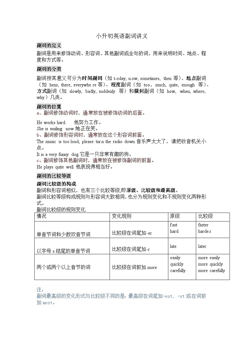 英语小升初语法知识点学案（通用版）：副词讲义第1页