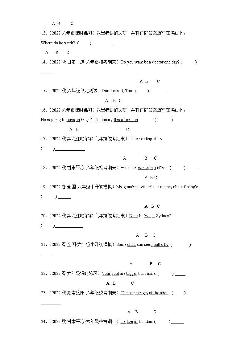 2023年小升初英语考试真题汇编 改错题（含答案解析）人教PEP版02