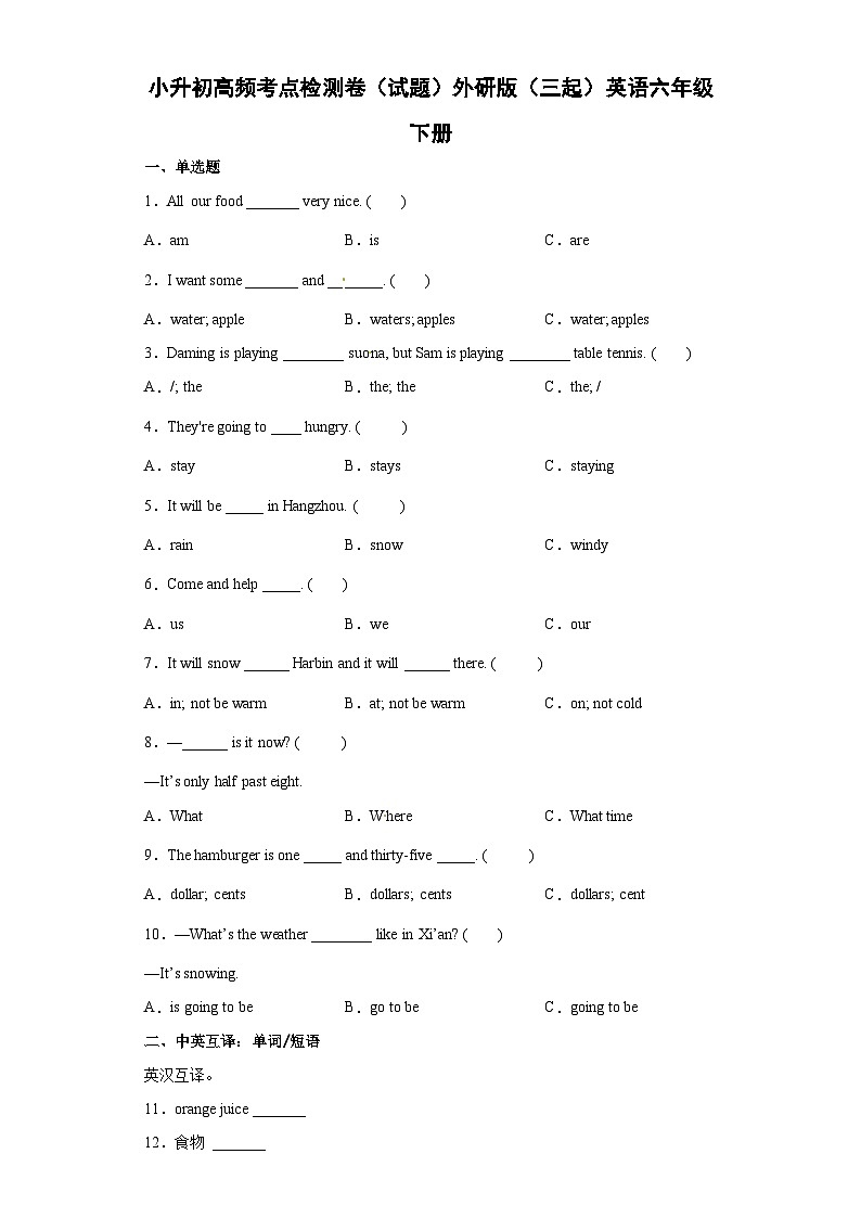 小升初高频考点检测卷（试题）外研版（三起）英语六年级下册01