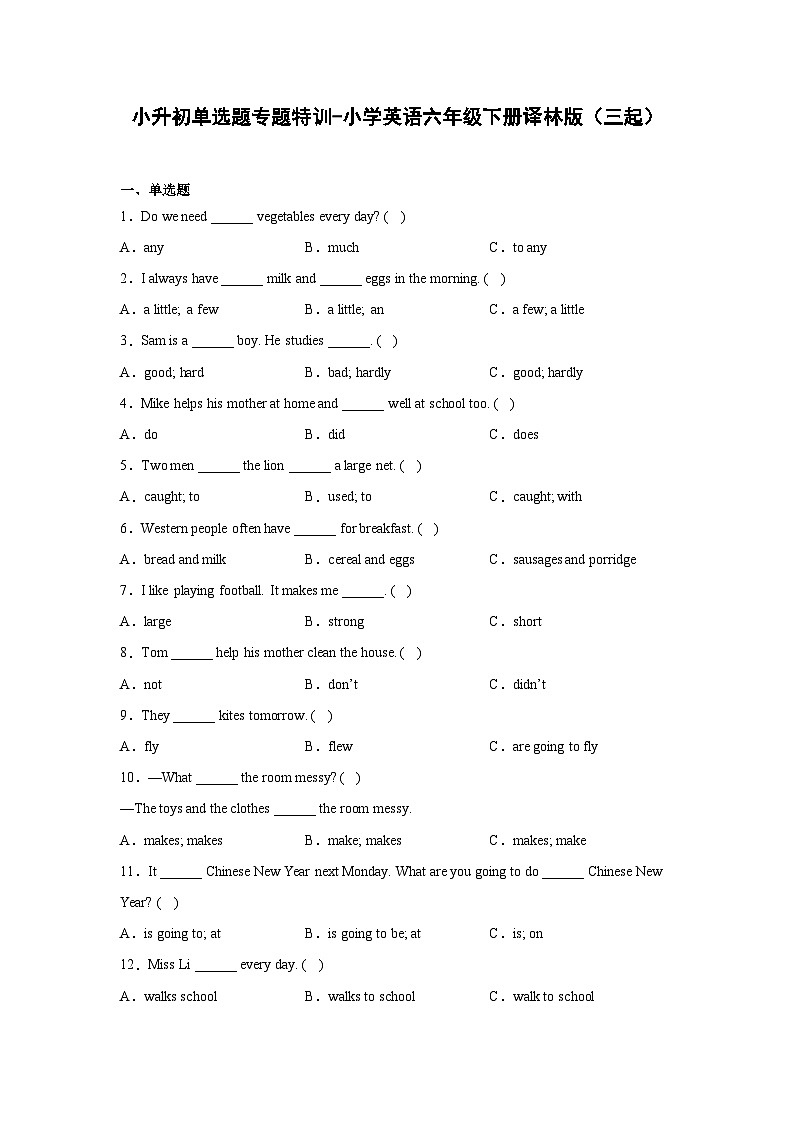 2022-2023学年小升初英语译林版三起专题特训：单选题第1页