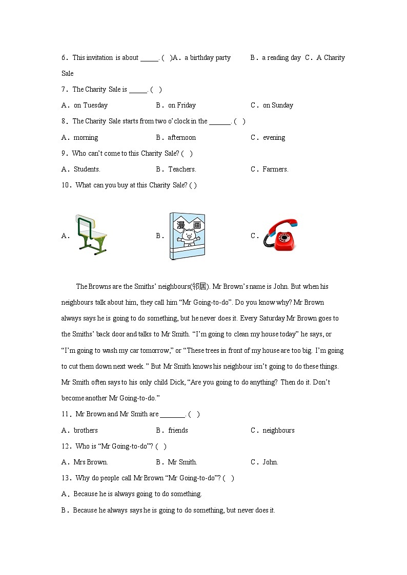 2022-2023学年小升初英语译林版三起专题特训：阅读选择02
