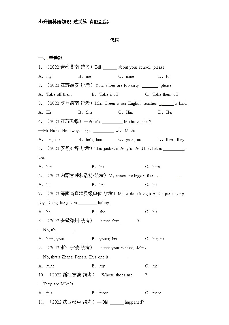 小升初英语知识过关练（基础通关+能力提升）-代词第1页