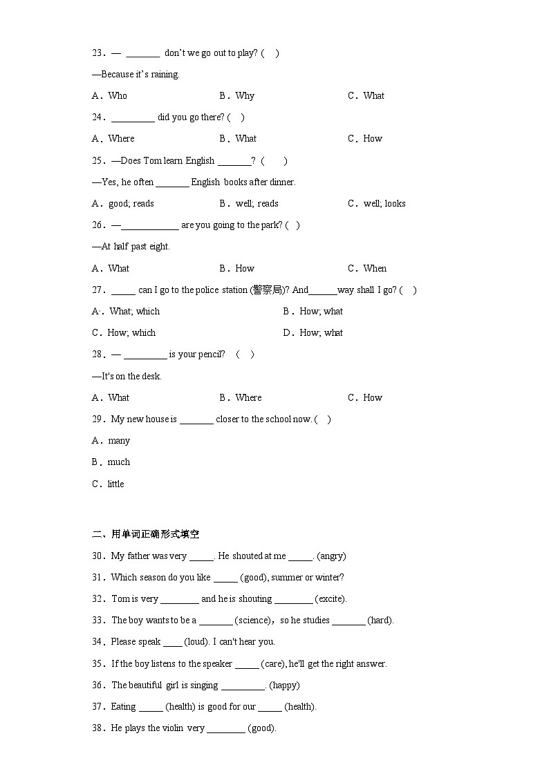 2023年小升初外研版三起英语语法专项突破：副词 练习03