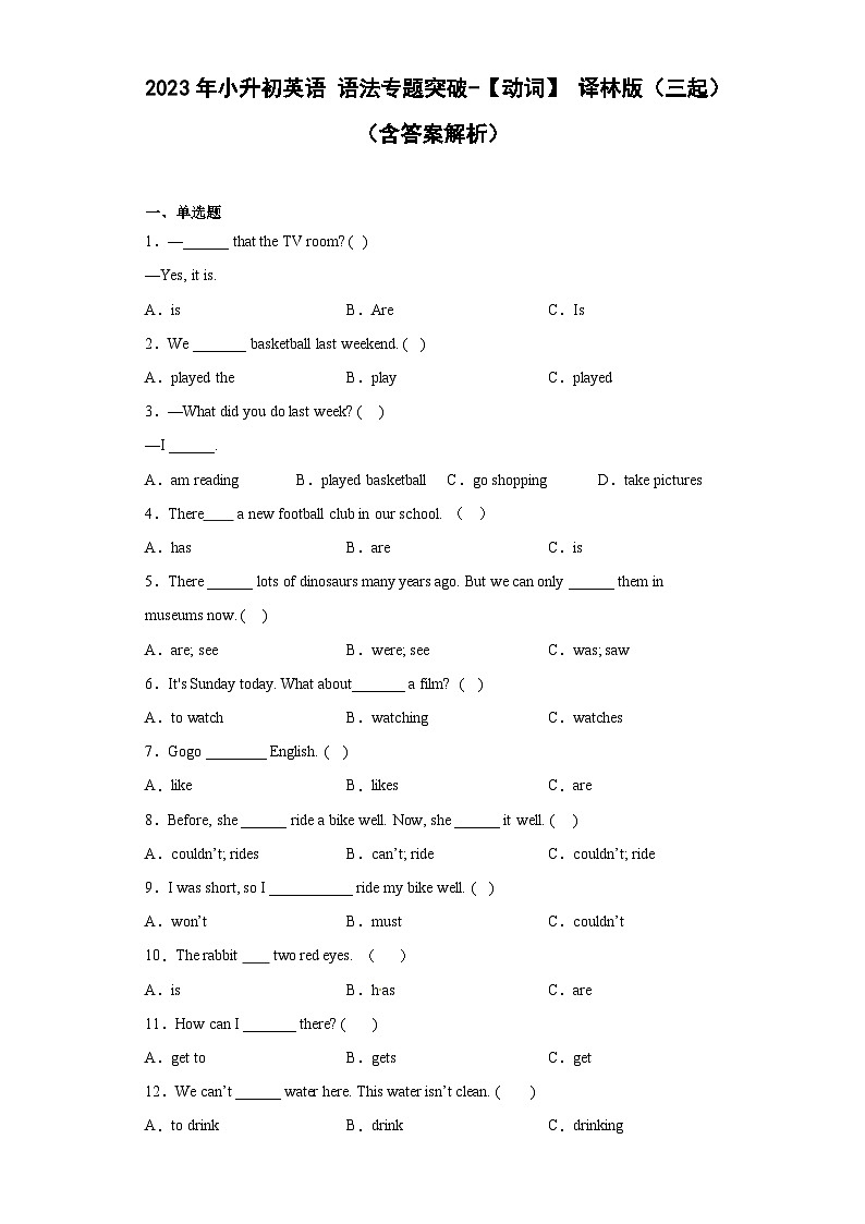 2023年小升初英语译林版三起语法专题冲刺：动词第1页