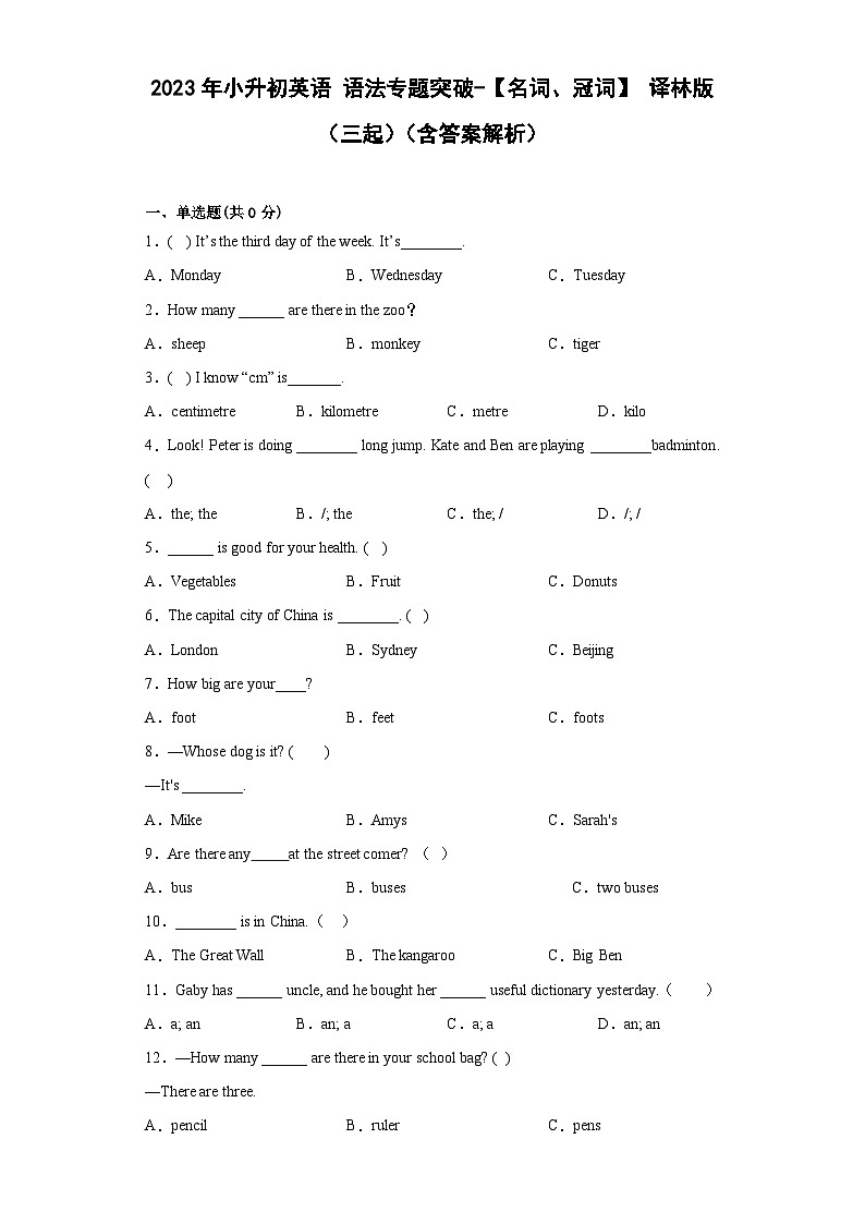2023年小升初英语译林版三起语法专题冲刺：名词、冠词01