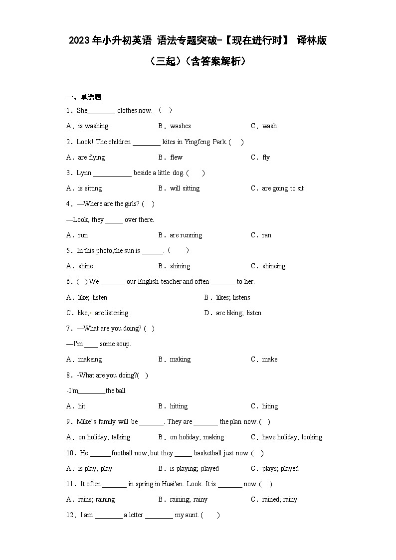 2023年小升初英语译林版三起语法专题冲刺：现在进行时01
