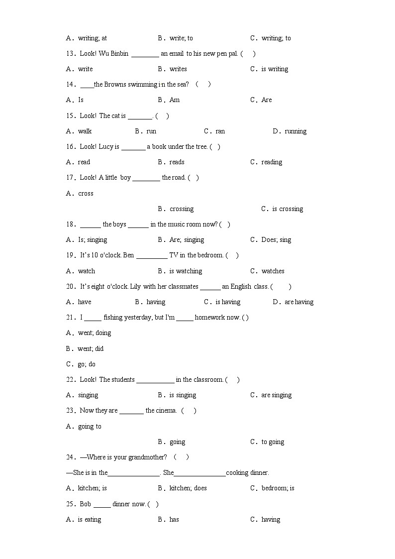 2023年小升初英语译林版三起语法专题冲刺：现在进行时02
