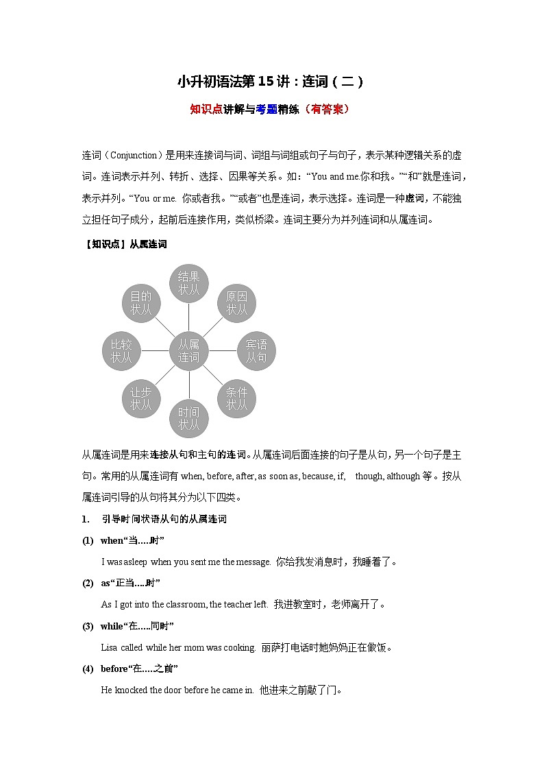 小升初英语语法专项精讲+精练——第15讲：连词第1页