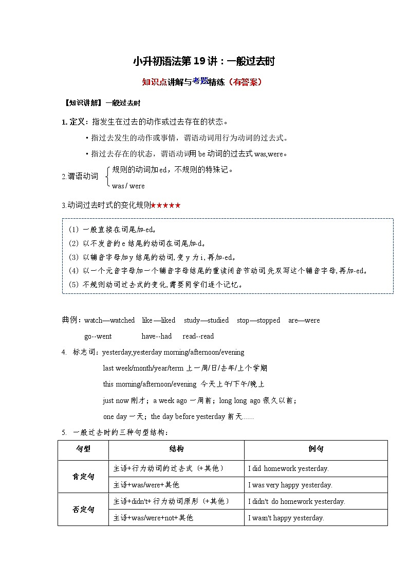 小升初英语语法专项精讲+精练——第19讲：一般过去时第1页