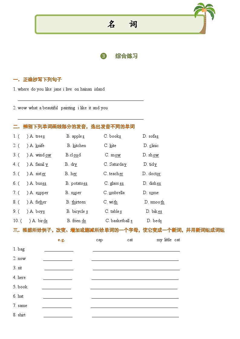 小升初英语通用版基础语法专项训练学案：名词-03综合训练（含答案）01