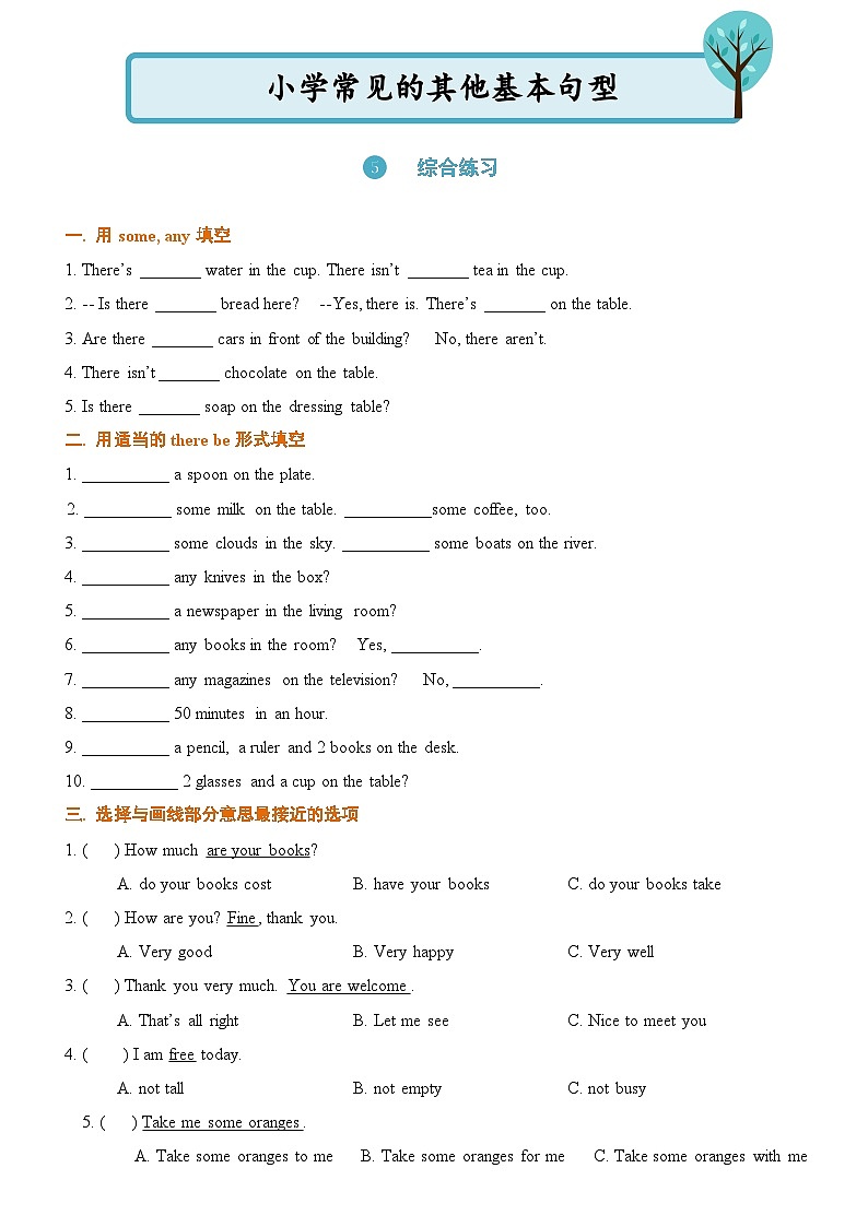 小升初英语通用版基础语法专项训练学案：常见基本句型-03综合练习（含答案）01