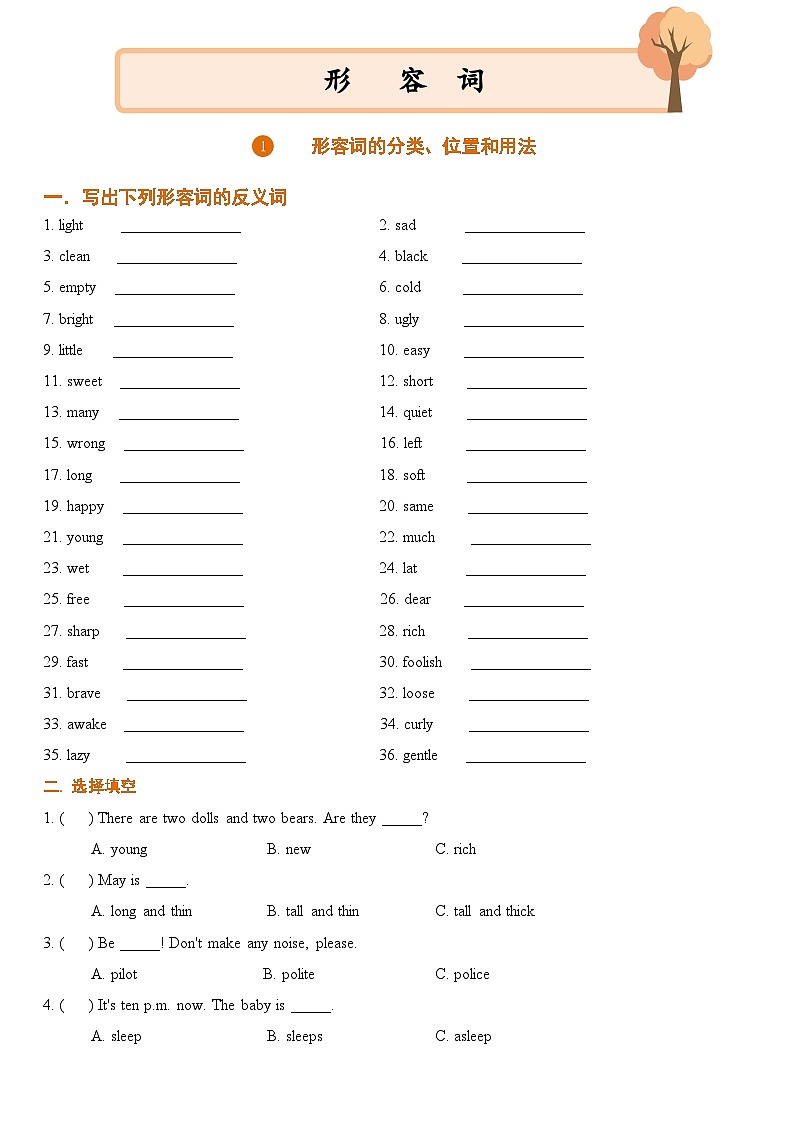 小升初英语通用版基础语法专项训练学案：形容词-01形容词的分类、位置和用法（含答案）01
