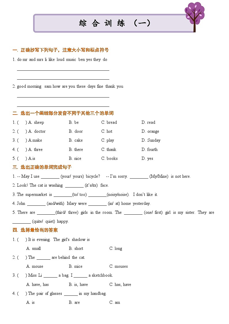 小升初英语通用版基础语法专项训练学案：综合训练（一）基础版（含答案）01