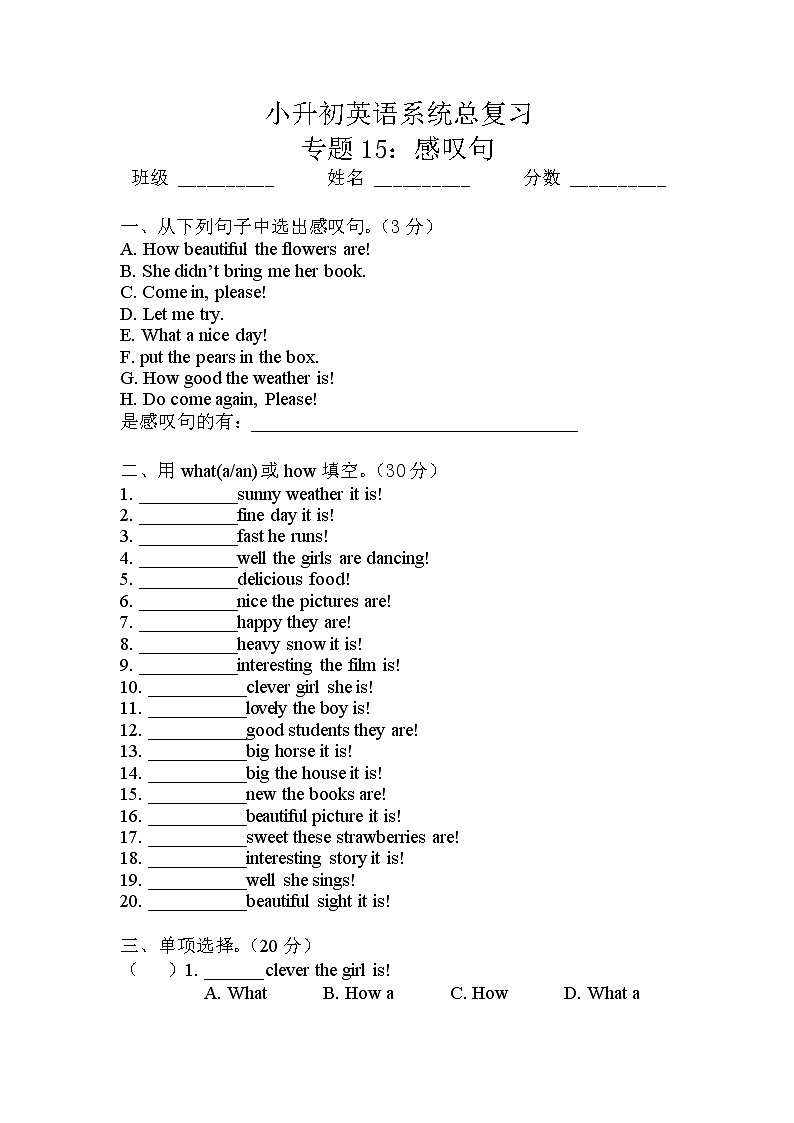 小升初英语通用版语法专项复习训练：专题15：感叹句（含答案）第1页