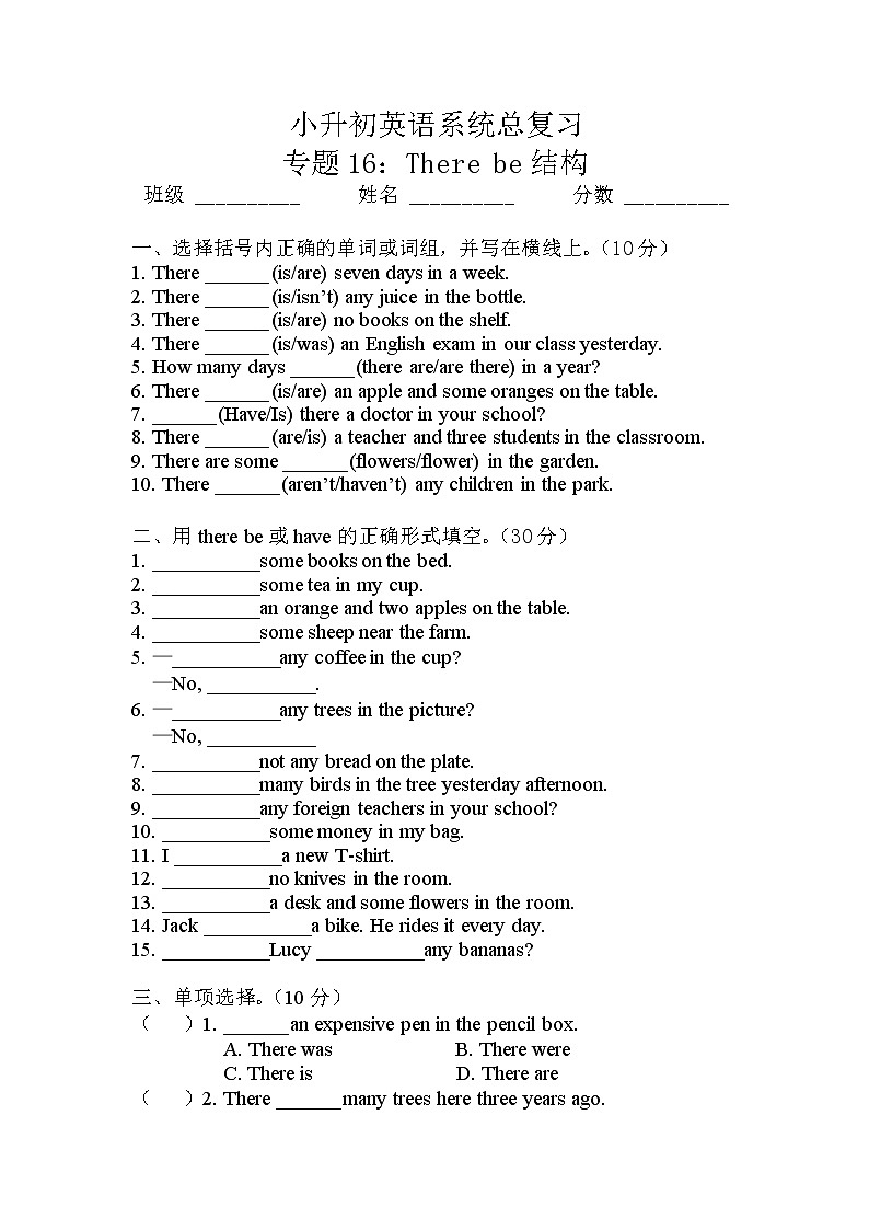 小升初英语通用版语法专项复习训练：专题16：There be结构（含答案）第1页