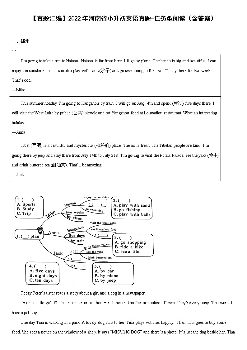 【真题汇编】2022年河南省小升初英语真题汇编——任务型阅读（含答案）第1页