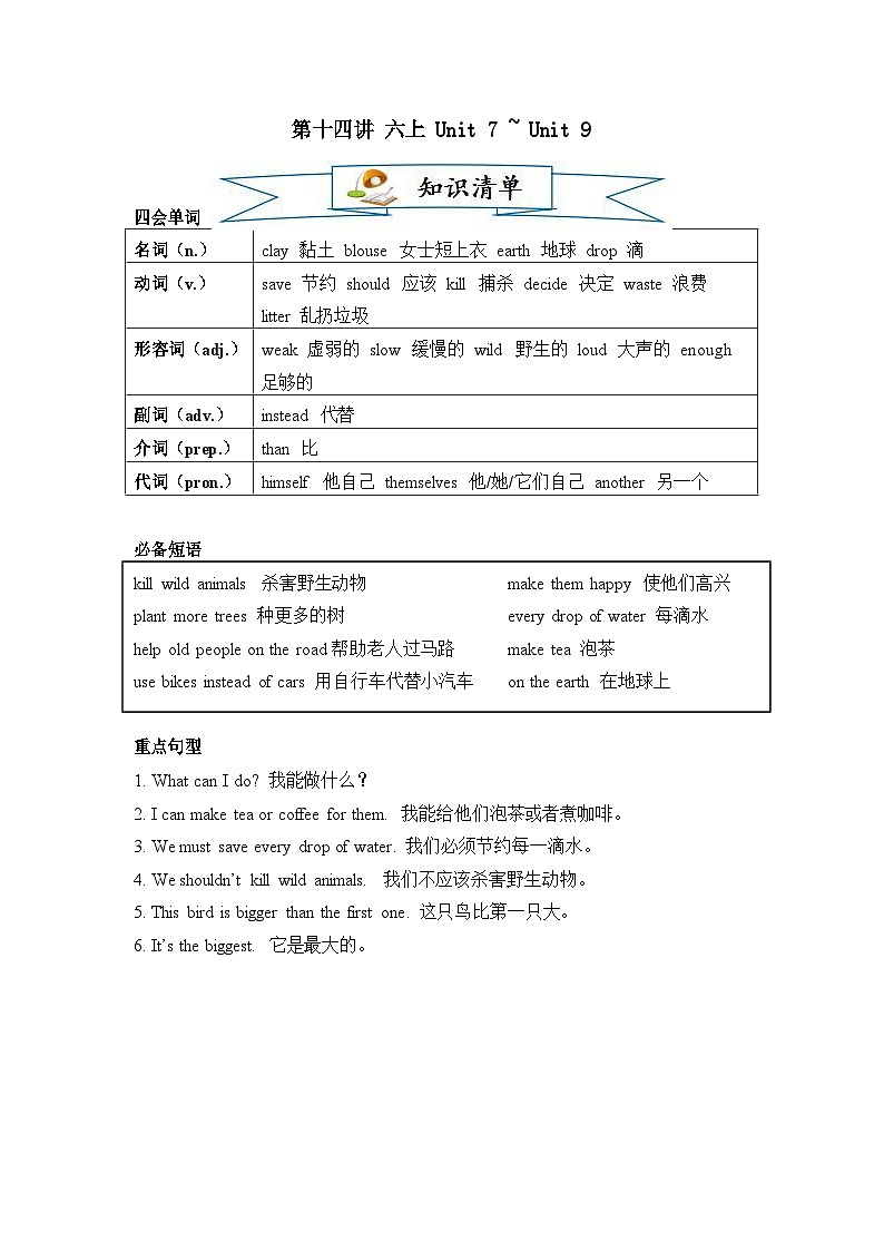【精品同步练习】重点学校小升英语六年级湘少版第十四讲 六上 Unit 7 ~ Unit 9（带答案）第1页