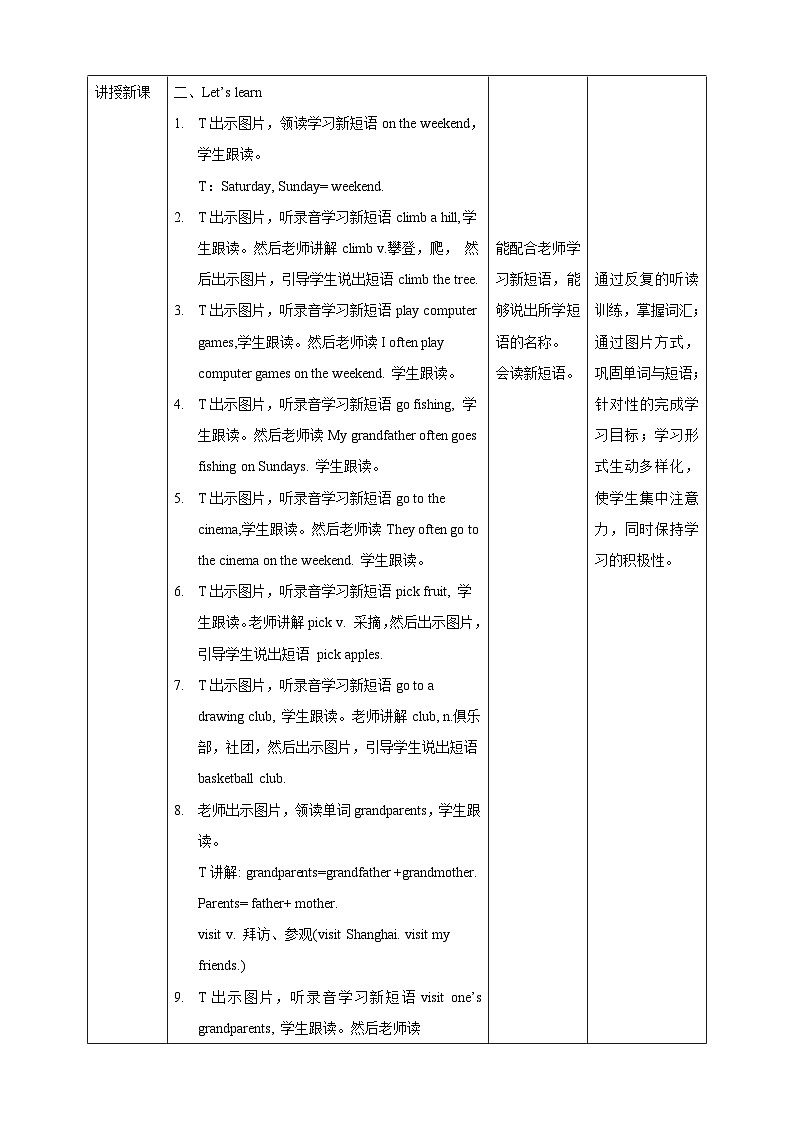 人教新起点四年级英语上Unit 2 On the weekend 第一课时  教案第2页