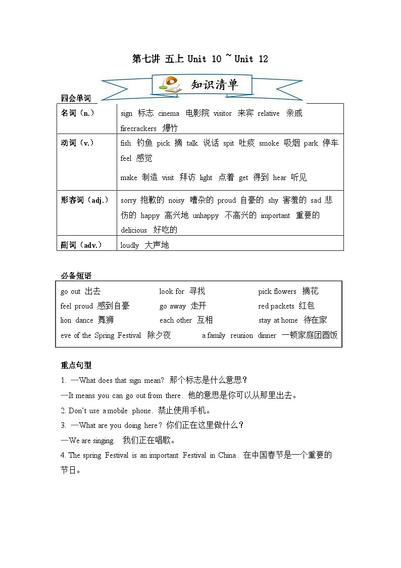 【精品同步练习】重点学校小英语六年级湘少版第七讲 五上 Unit 10 ~ Unit 12（带答案）第1页