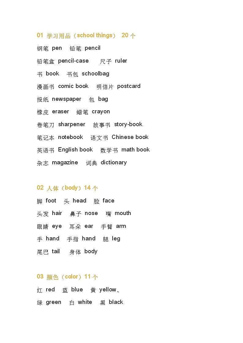 小学英语单词分类汇总第1页