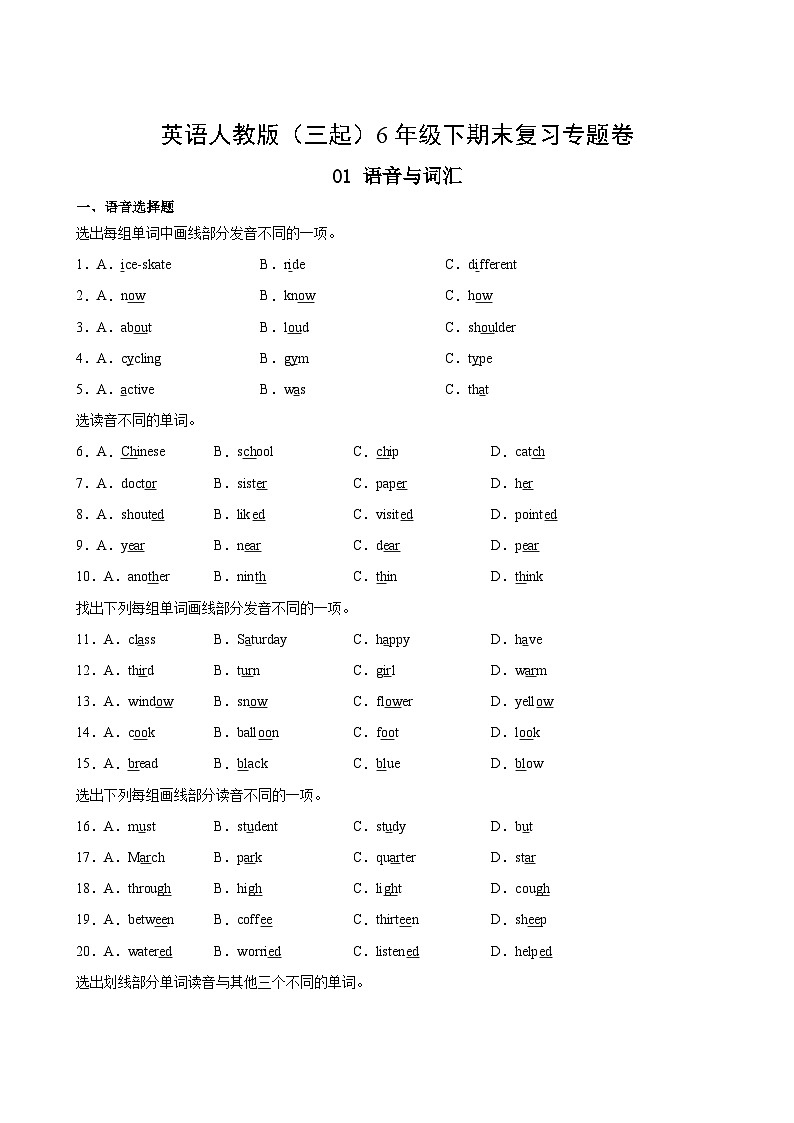 英语人教版（三起）6年级下期末复习专题卷 01语音与词汇第2页