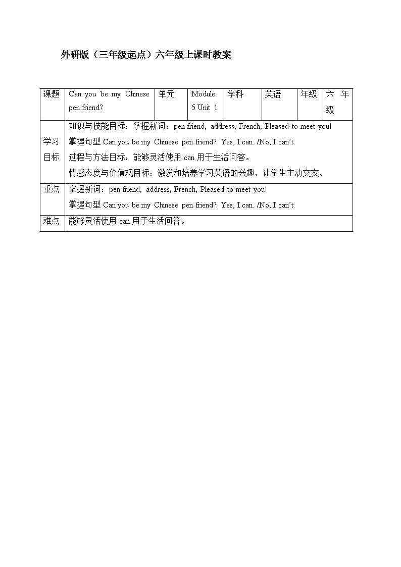 M5 U1 Can you be my Chinese pen friend 教案第1页