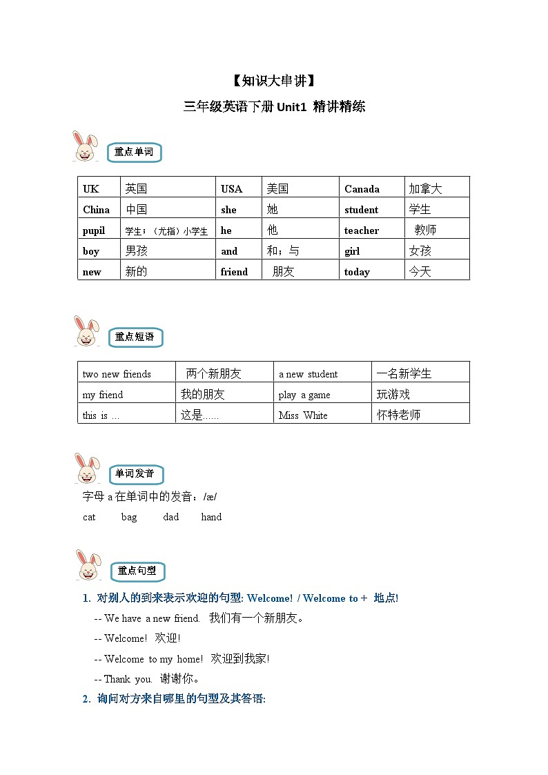 【期末复习】小学英语三年级下册单元复习精讲精练 Unit1  人教PEP版（含答案）第1页