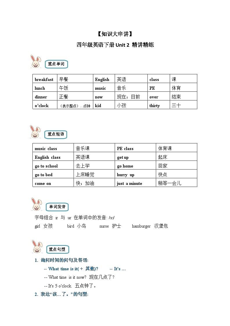 【期末复习】小学英语四年级下册单元复习精讲精练 Unit 2  人教PEP版（含答案）第1页
