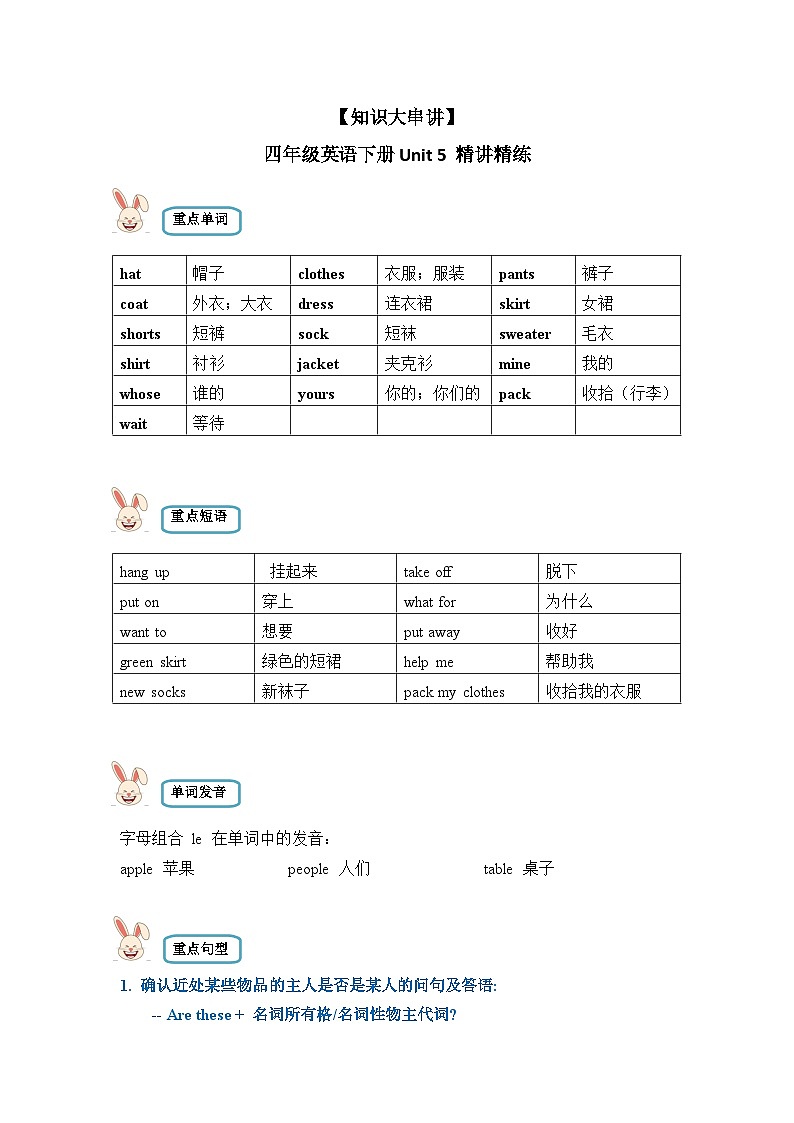 【期末复习】小学英语四年级下册单元复习精讲精练 Unit 5  人教PEP版（含答案）第1页