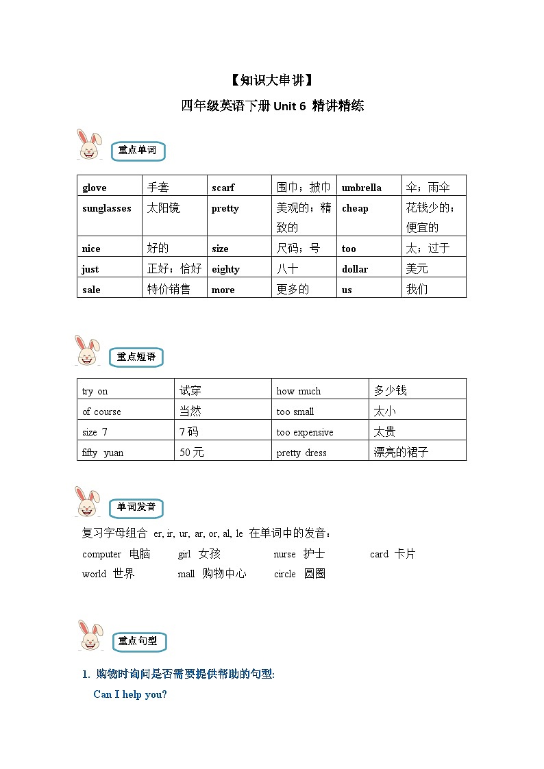 【期末复习】小学英语四年级下册单元复习精讲精练 Unit 6  人教PEP版（含答案）第1页