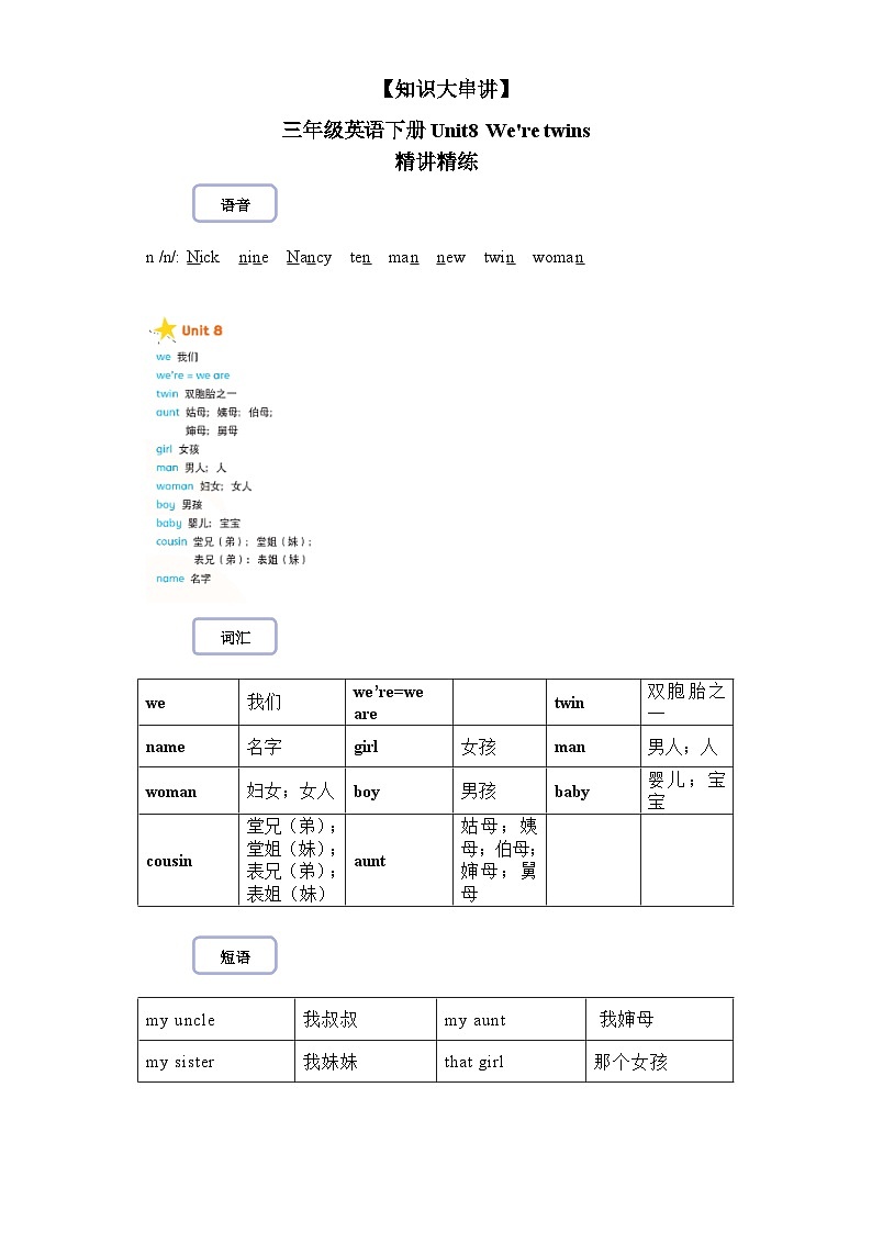 【期末复习】小学译林版（三起）三年级下册单元复习精讲精练Unit8 We're twins01