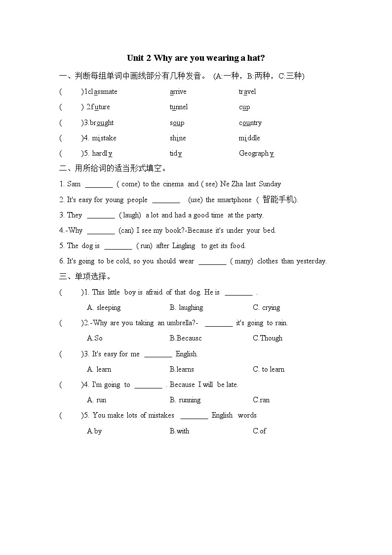 Module8 Unit 2 Why are you wearing a hat？（单元卷）外研版（一起）英语六年级下册01