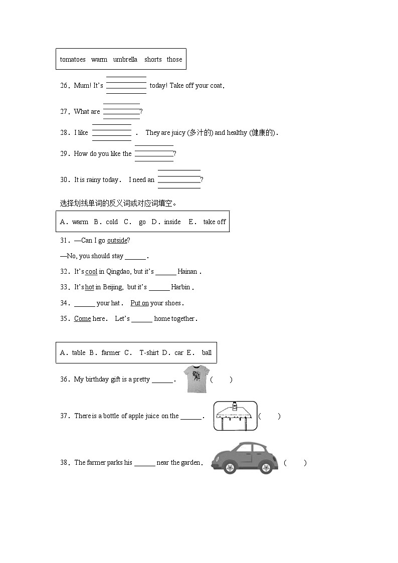 英语人教版（三起）4年级下册期末复习真题汇编卷03选词填空03