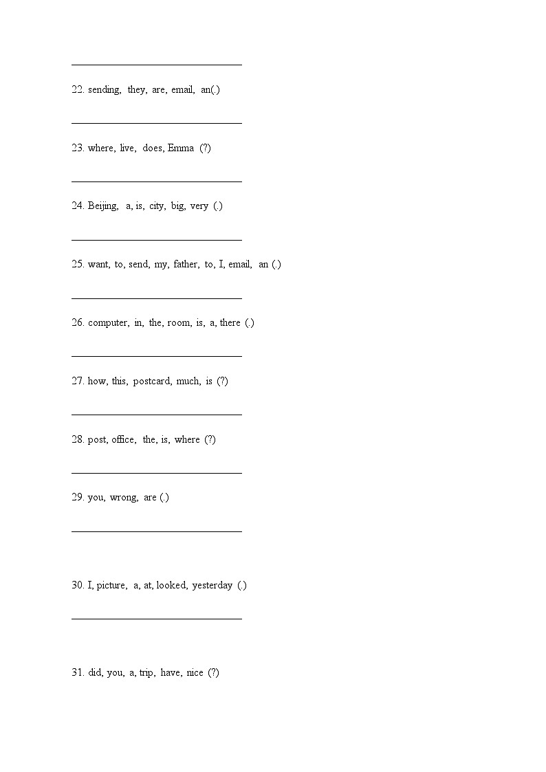 2022-2023学年小学英语五年级下册期末专项复习 04 连词成句 50题 （冀教版三起）（含答案）03