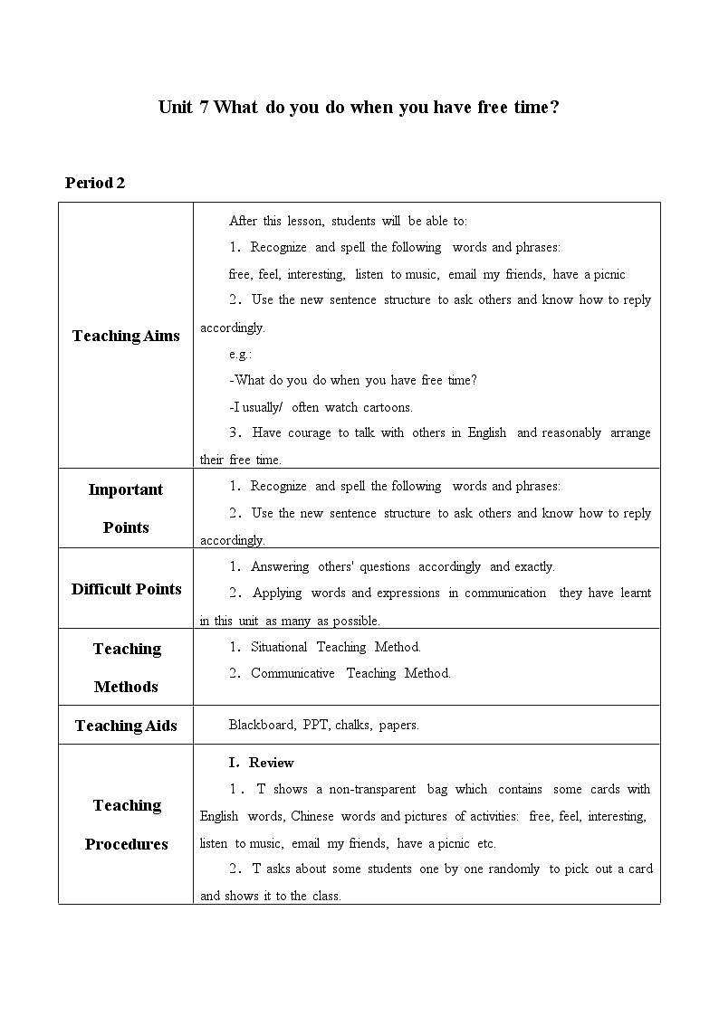 教育科学出版社小学英语三年级起点四年级下册 Unit 7 What do you do when you have free time-Period 1   教案01