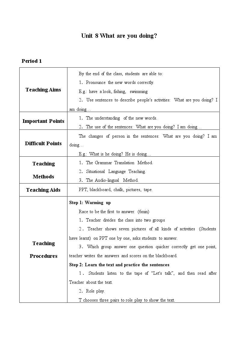 教育科学出版社小学英语三年级起点四年级下册 Unit 8 What are you doing    教案101