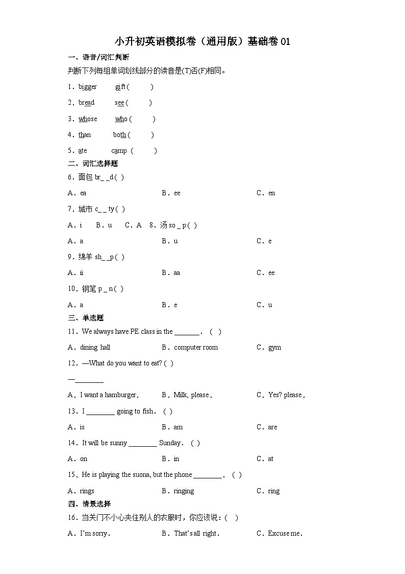 小升初英语模拟卷（通用版）基础卷0101
