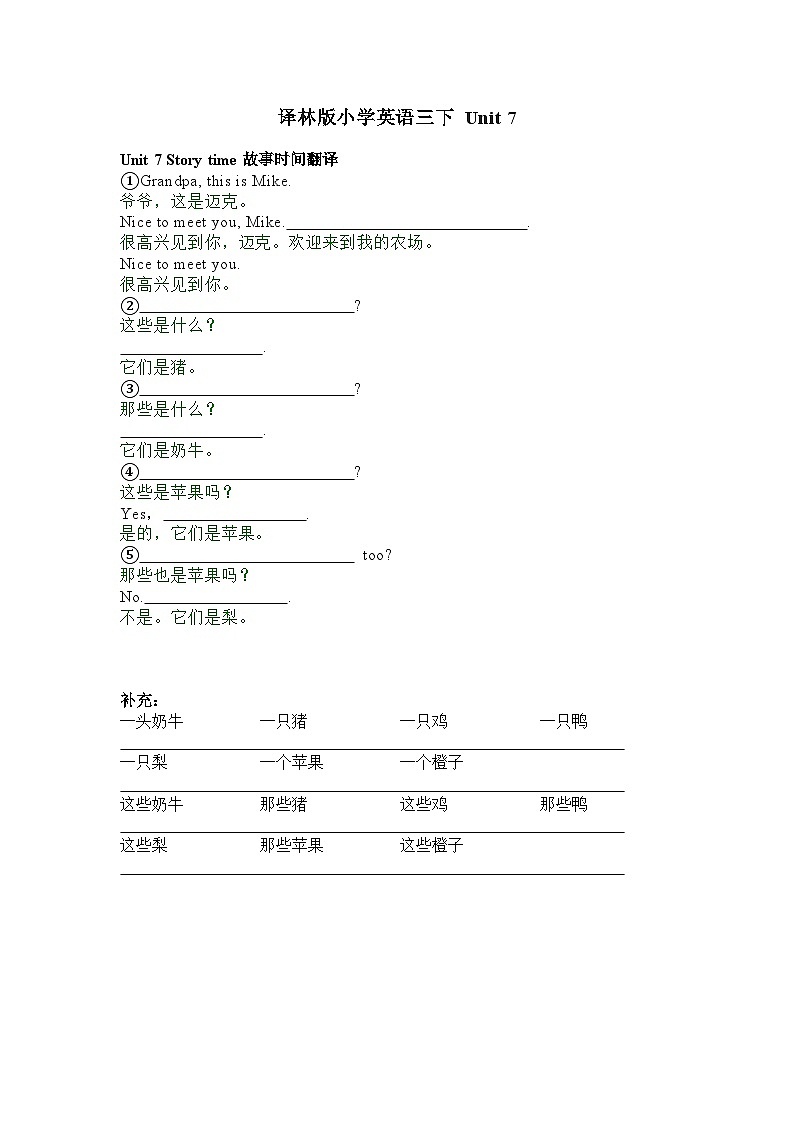 译林版小学英语3BU7复习PPT及课文填空01