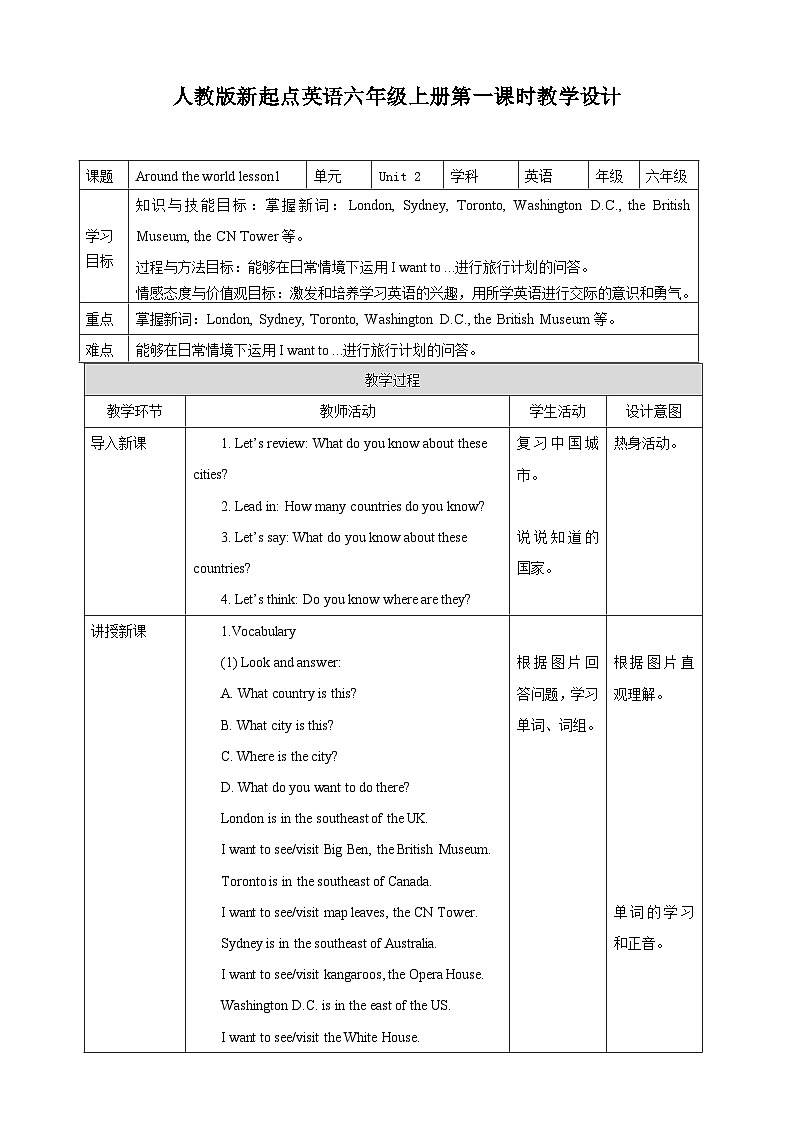 人教版新起点英语六上册Unit 2 Around the world lesson1课件+教案+练习01