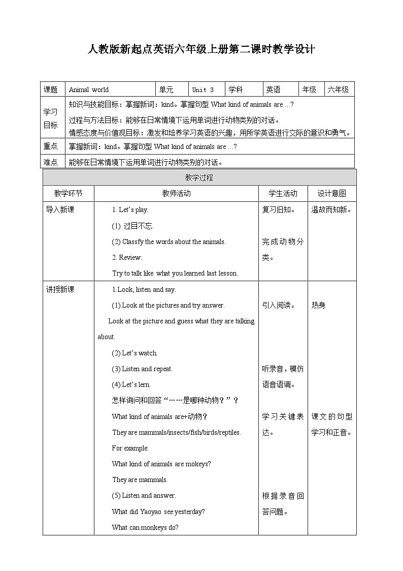 人教版新起点英语六上册Unit 3 Animal world lesson2课件+教案+练习01