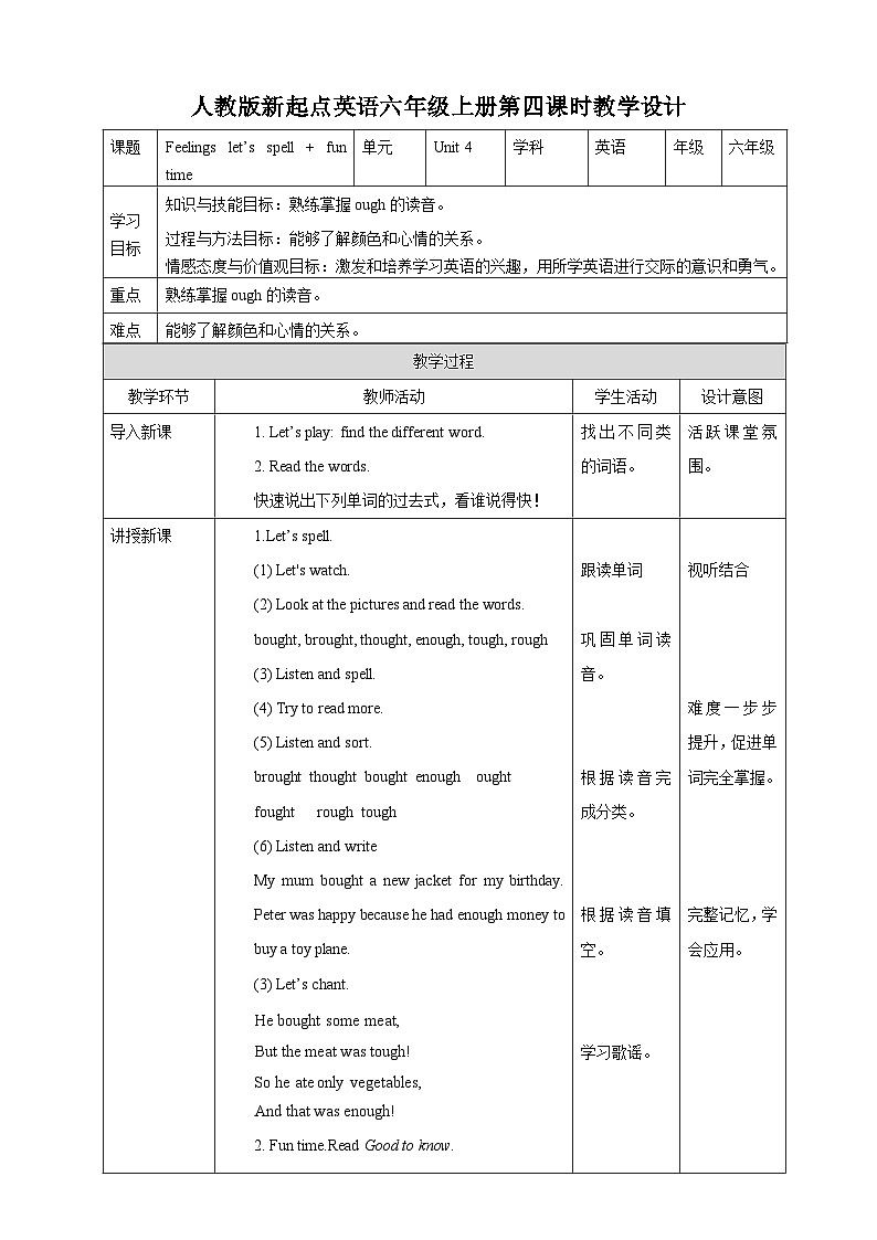 人教版新起点英语六上册Unit 4 Feelings let’s spell + fun time课件+教案+练习01