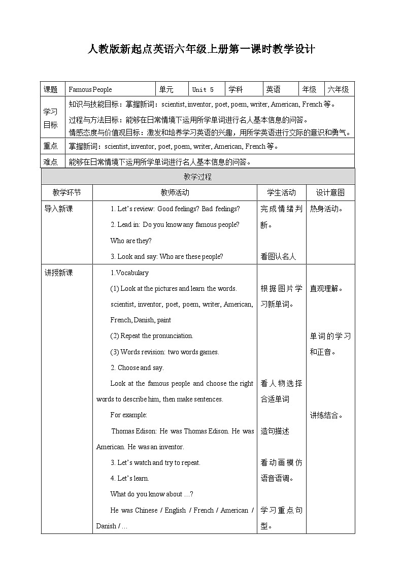 人教版新起点英语六上册Unit 5 Famous People lesson1课件+教案+练习01