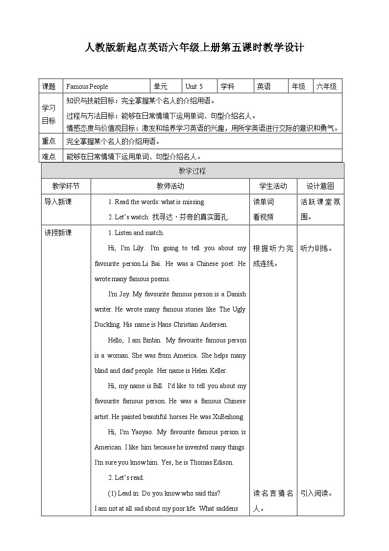 人教版新起点英语六上册Unit 5 Famous People let’s check课件+教案+练习01