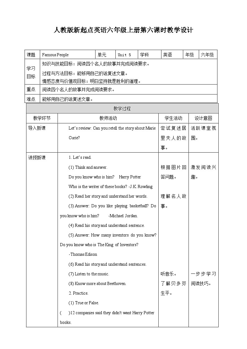 人教版新起点英语六上册Unit 5 Famous People story time课件+教案+练习01