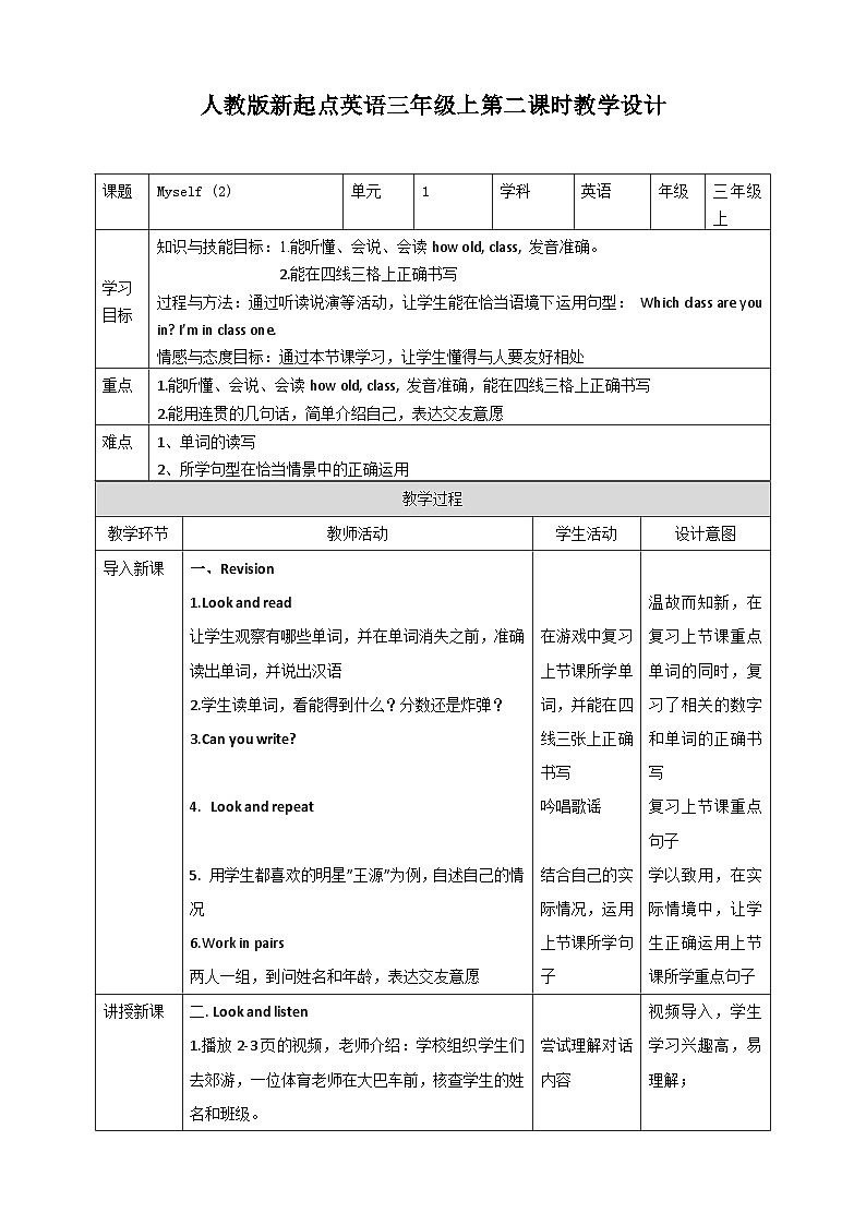 人教版新起点英语三年级上册Unit 1 Myself 第二课时 课件+教案+练习01