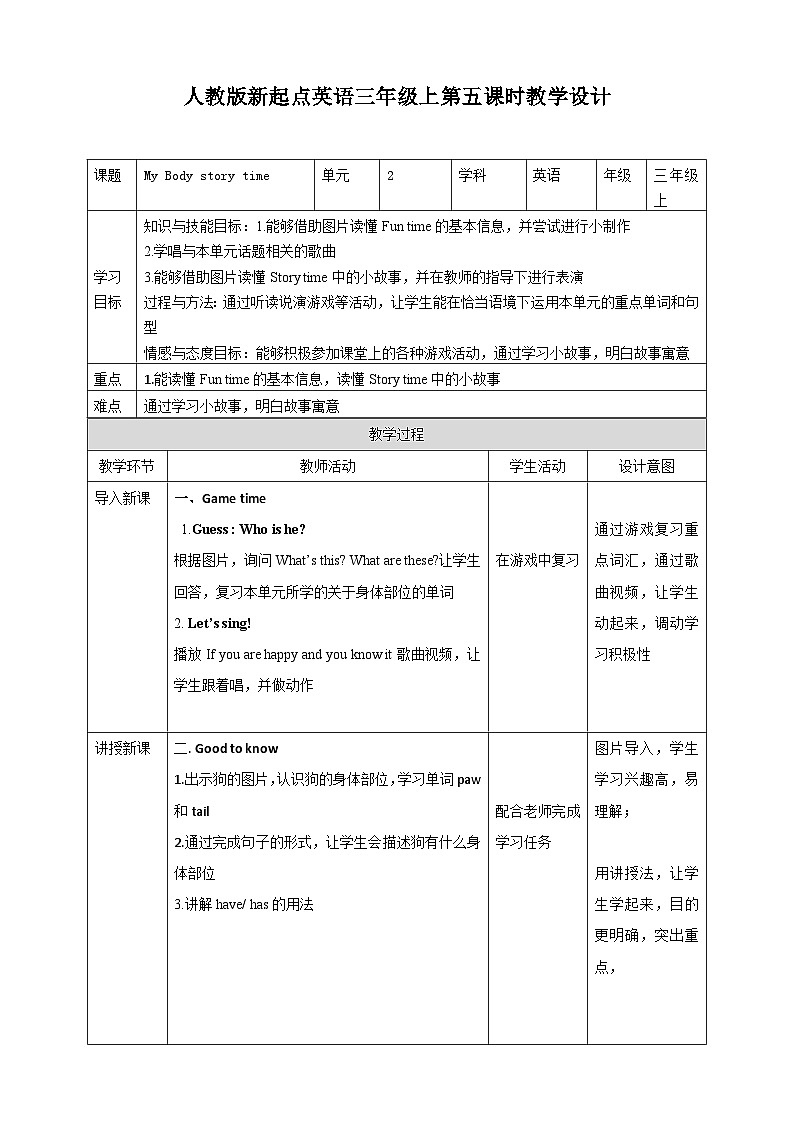 人教版新起点英语三年级上册Unit 2 My Body fun time+story time  课件+教案+练习01